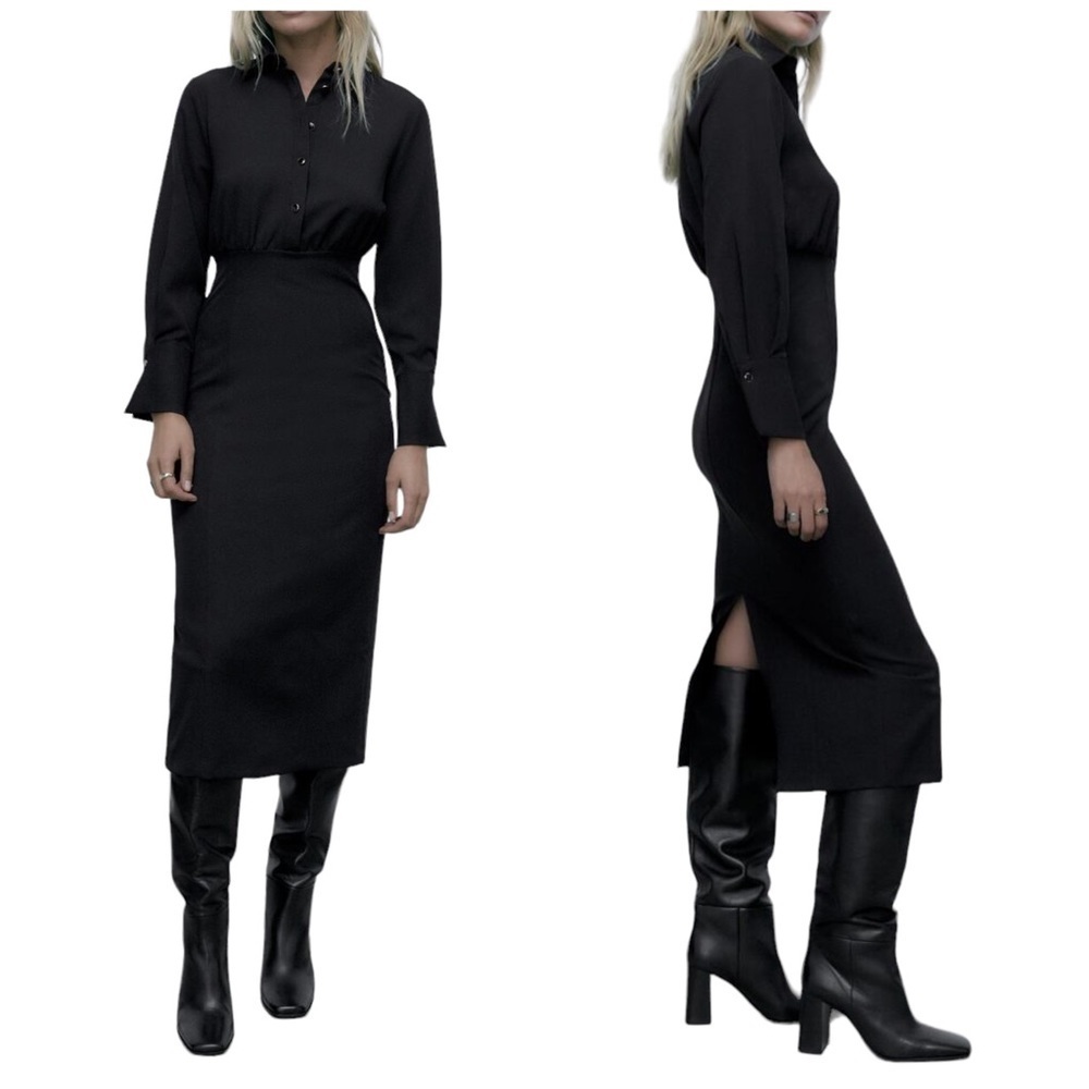 Zara Fitted Shirt Dress with Button Up Top and Stretch Bodycon Midi Skirt